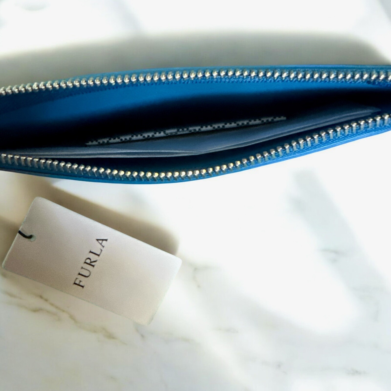 Furla Babylon Leather Pouch With Dust Bag NWT Rare Blue image 6