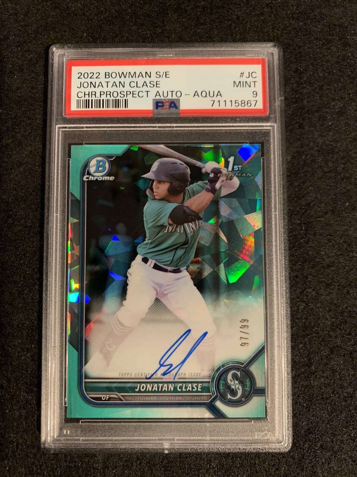 2022 1st Bowman Chrome Sapphire Jonatan Clase Aqua Auto /99 RC Mint PSA 9