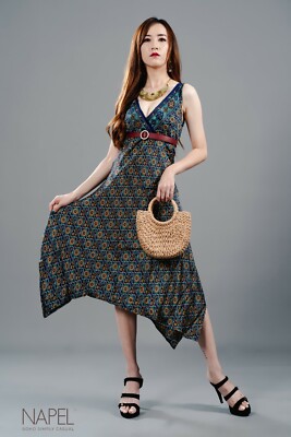 Napel Boho Simply Casual Women New Deep V Knee Length Flowy Midi Dress |  eBay