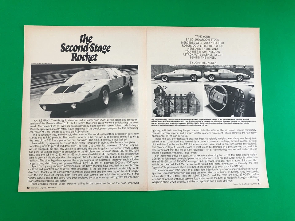 1970 MERCEDES BENZ C111 C 111 ORIGINAL PRINT AD 2 PAGE ROAD TEST PRINTED - Image 2 of 2