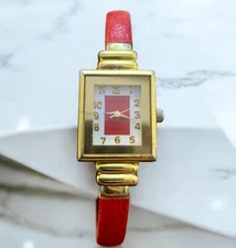 Louis Arden Ladies Watch Goldtone Red Cuff Band Petite  5.2”- 6.2 “  New Battery