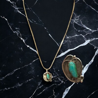 Vtg Native Amer Deutsawe Zuni 925 Turquoise Pendant Necklace & Cocktail Ring 5.5