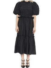 Sea NYC black smocked midi dress ruffled Coquette puffed lined sl Gothic Nwts