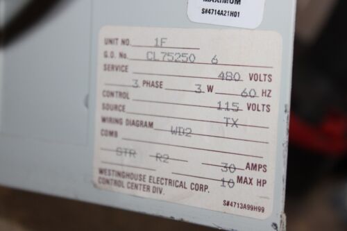 WESTINGHOUSE MCC MOTOR CONTROL BUCKET FREEDOM 2100 12" SIZE 1 CL75250 - Picture 8 of 10