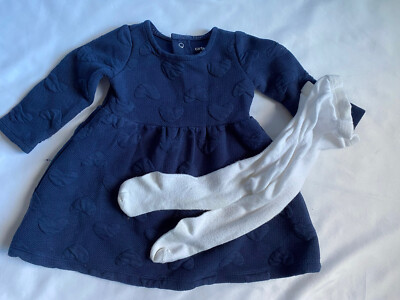 Carter s 2pcs Set HEARTS Dress w/Tights Sz 9M Long Sleeves Navy Blue LikeNew