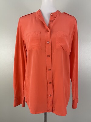 Equipment Femme Button Up Blouse Orange Silk Collarless Shirt Work Top Medium