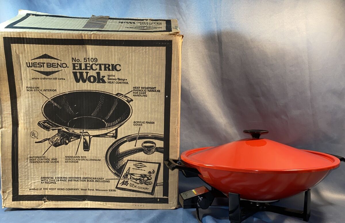 Vintage Mid Century WEST BEND Red Electric Wok 5109 Skillet used TESTED USA made Vintage Mid Century WEST BEND Red Electric Wok 5109 Skillet used TESTED USA made