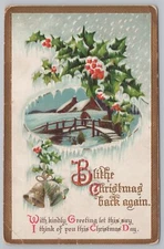 Christmas~Calligraphy~Man On Bridge In Icy Oval~Bells~Holly~Gold~Emb~IAPC~Vtg PC