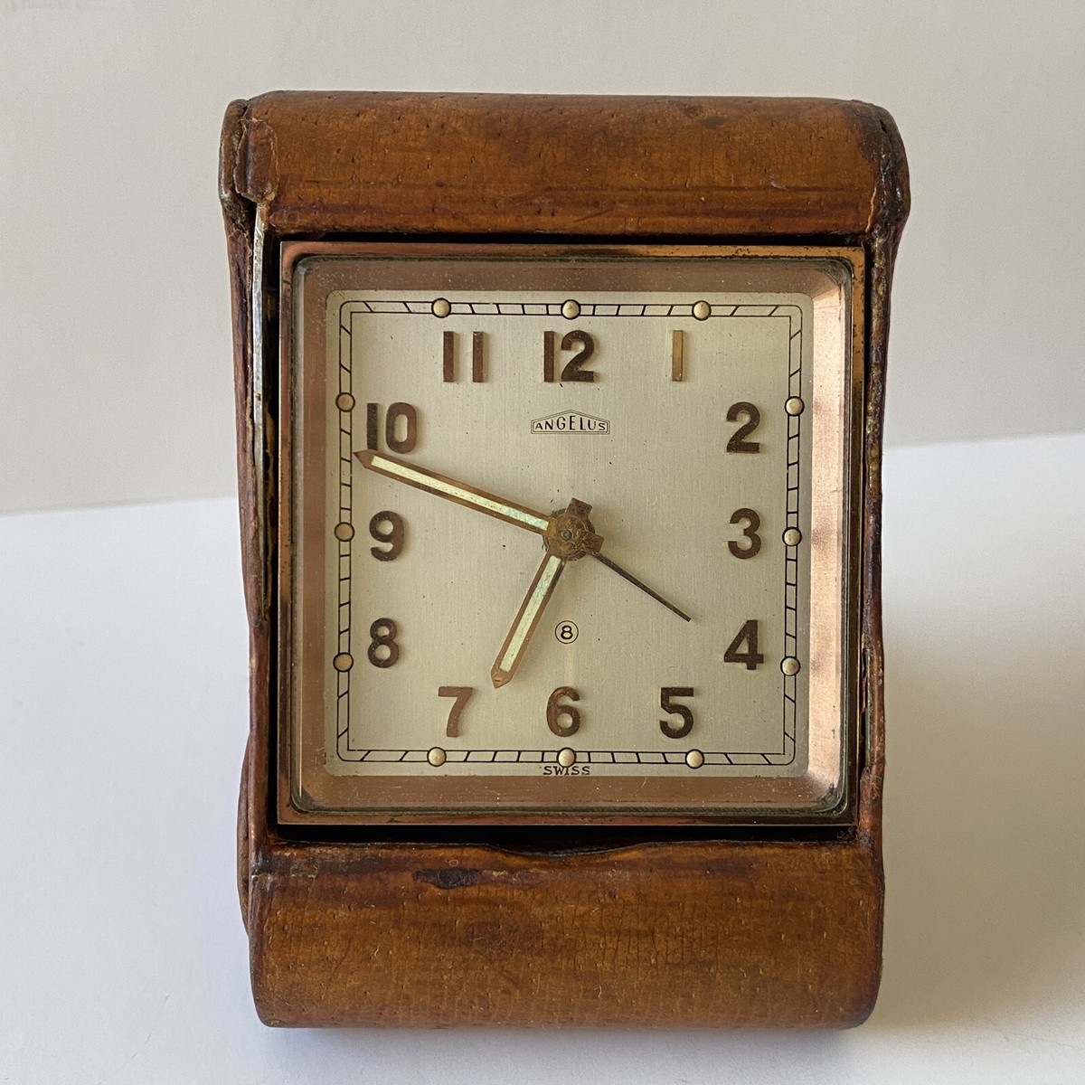 ANGELUS 8 DAY SWISS TRAVEL ALARM CLOCK 15 RUBIS TAN LEATHER CASE