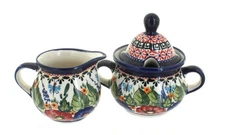Blue Rose Polish Pottery Floral Butterfly Cream & Sugar Set