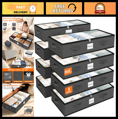 90L Under Bed Storage Bins - 8-Pack Foldable Organizers with Clear Top & Labels