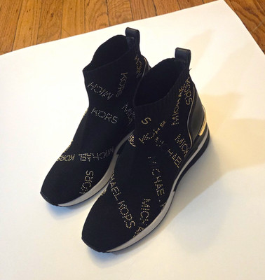 Michael Kors Becky Black/Gold Logo Mid Top Slip-On Mesh Sneaker