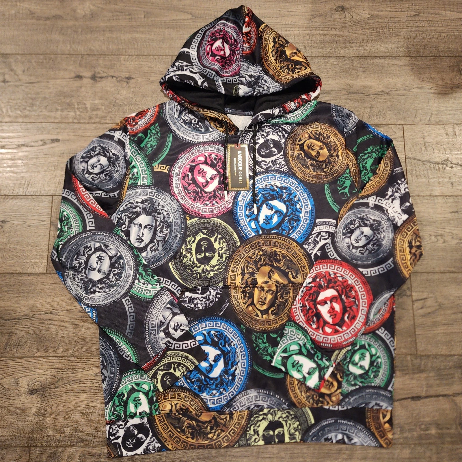 NWT Baroque Gold Medusa Coin Print Hoodie Pullover Size Small