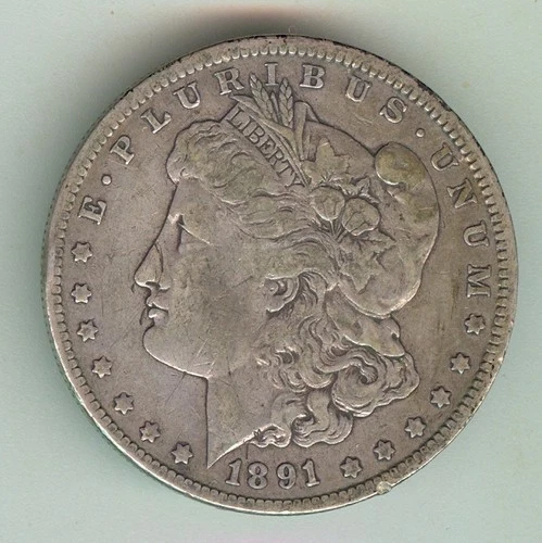 1891-CC U.S. MORGAN SILVER DOLLAR - SCARCE - OBVERSE RIM DING - VERY FINE