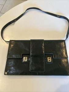 Vtg Rare FENDI Italy FF Green Black Clutch Shoulder Handbag WOW
