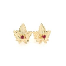 14k Yellow Gold 0.06ctw Ruby Detailed Leaf Stud Earrings w/ Butterfly Closures