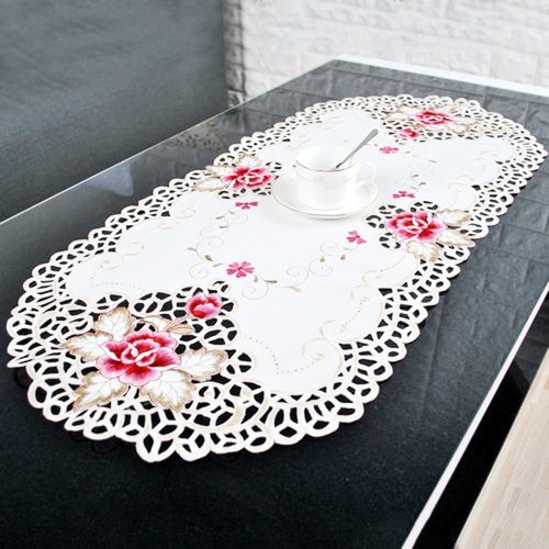 Embroidered Floral Satin Fabric Cutwork Round Tablecloth Lace Table Topper/Cloth - Picture 3 of 3