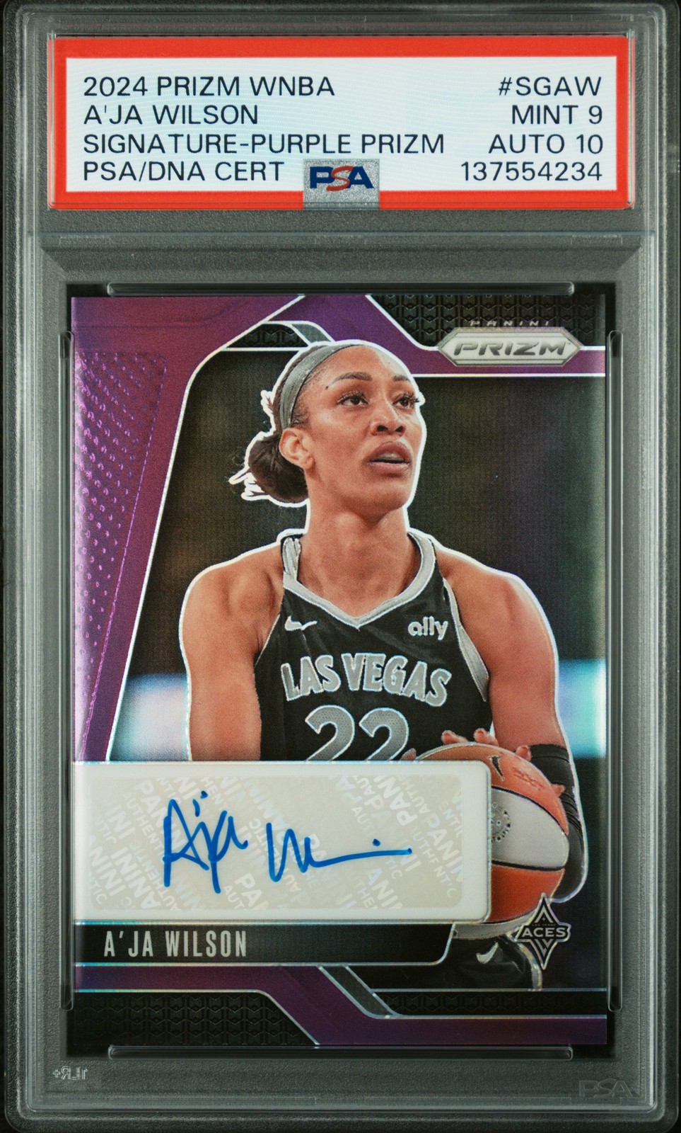 2024 PANINI PRIZM WNBA SIGNATURES PURPLE PRIZM A'JA WILSON 6/49 PSA 9 AUTO 10
