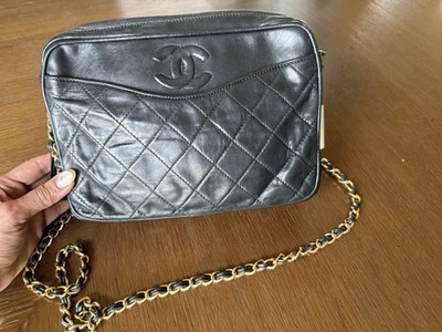 CHANEL Black Quilted Logo Shoulder Bag Zip Closure Gold Chain Strap