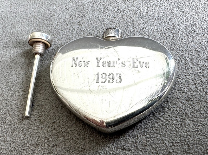 Vtg STERLING Silver TIFFANY & CO Heart-Shaped PERFUME BOTTLE + Dipper - Engraved