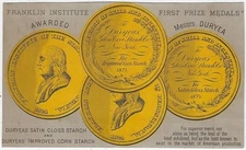 Duryeas' Satin Gloss Starch with Franklin Institute Medals Victorian Trade Card