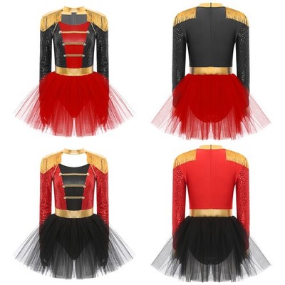 Damen Ringmeister Lange Ärmel Tutu Kleid Glitzer Zirkus Kostüm Cosplay Fransen