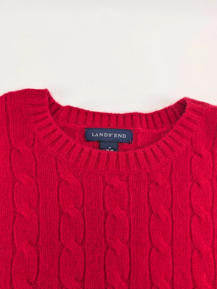 Lands End Mens Sweater M Red 100% Cashmere Cable Knit Crew Neck Pullover Soft - Image 3 of 4