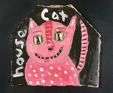 House Cat Portrait Painting Original Pink Primitive Painterly Outsider Art