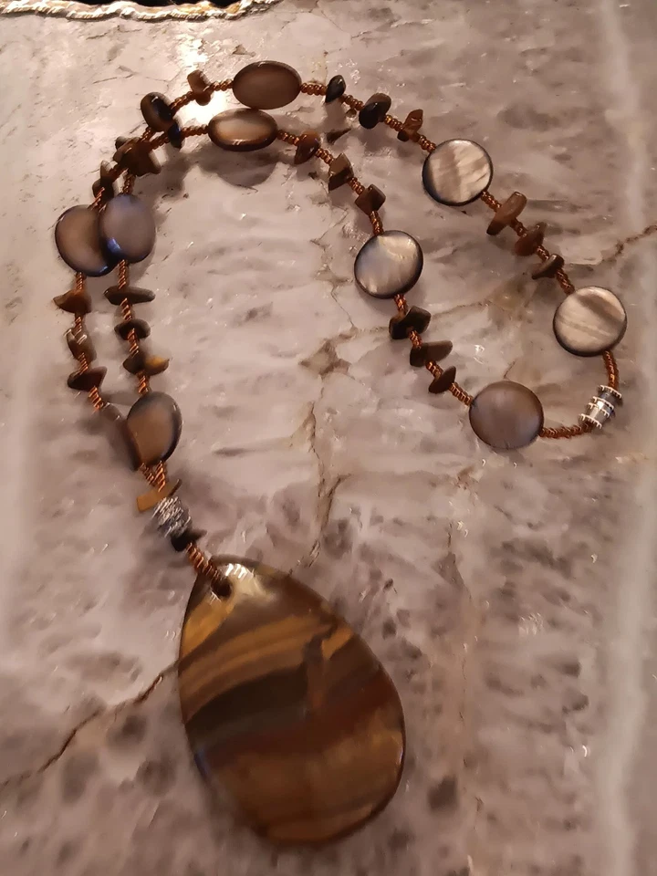  Vintage???ÚNICO Collar Artesanal Ojo de Tigre y Concha Colgante Lágrima Central Foto 4 de 4