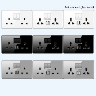UK 13A Doppelsteckdose USB-C 18W Fast Charge Glasscheibe Steckdose