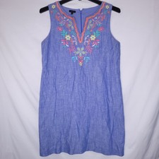 Talbots Dress 12 Blue Floral Embroidered Linen Cotton Blend Shift Chambray