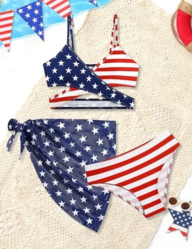 Girls Swimsuit 3 Piece Bathing Suits Criss Cross 11-12 Years American Flag 2 - Picture 5 of 7