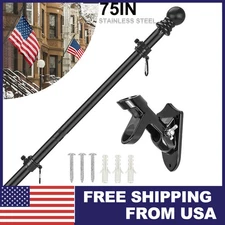6FT Flag Pole Kit Heavy Duty Bracket Metal Pole With 2 Rotating Rings For Garden