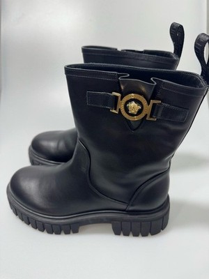VERSACE WOMEN'S BLACK LEATHER GOLD MEDUSA MOTORCYCLE BOOTS SHOES 39.5