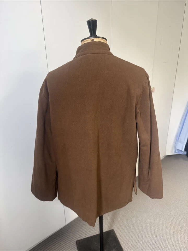 Men’s Vintage Brown Linen Frogged Button mandarin Jacket / Coat - large - Image 3 of 4