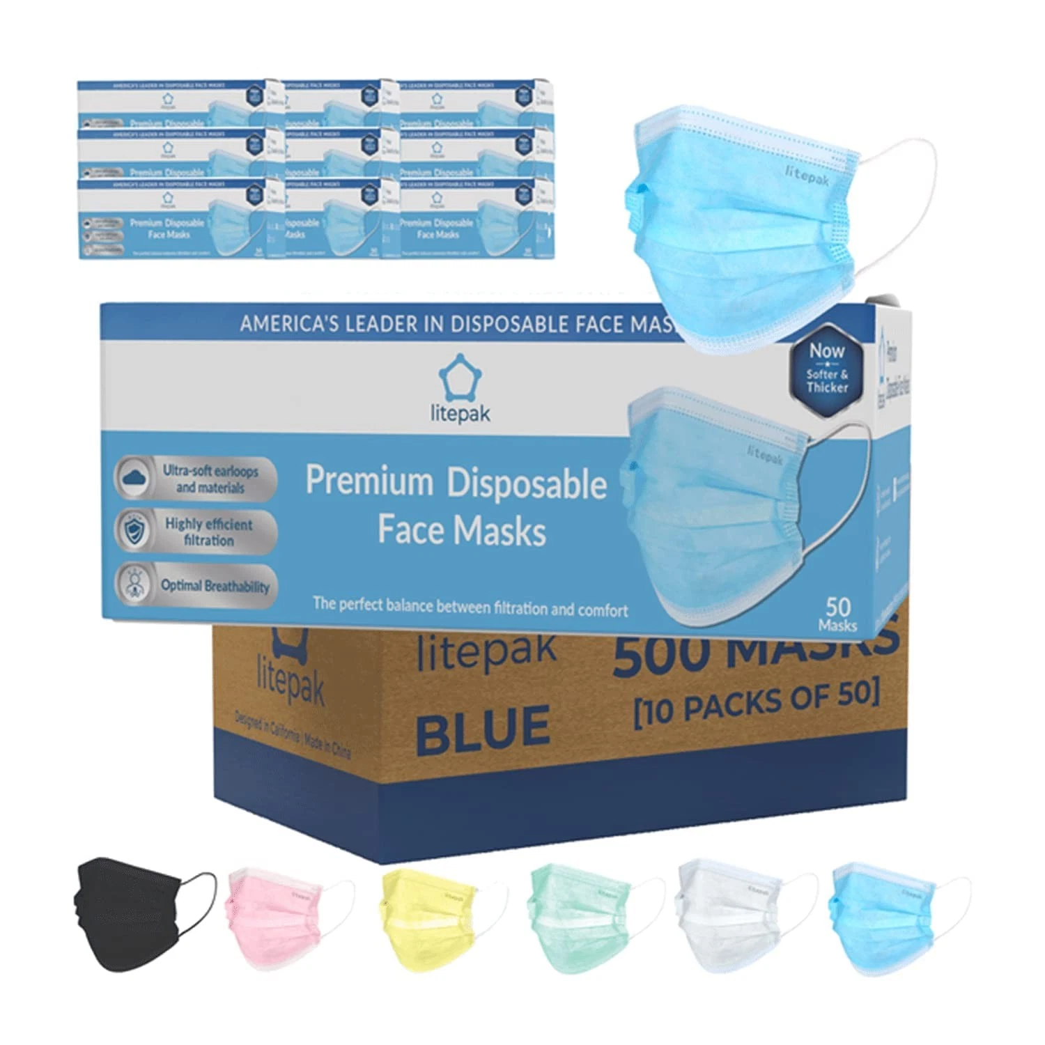 500pcs Premium Disposable Face Mask SOFT 3ply Nose Wire - Blue