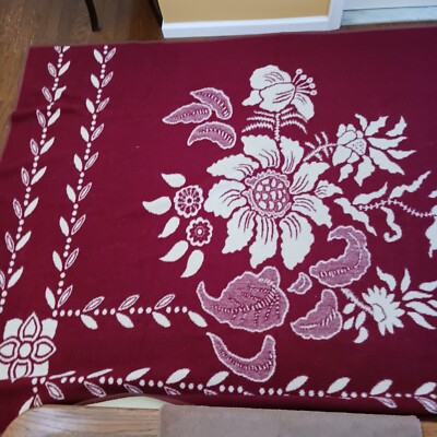 Vintage Reversible Blanket Maroon Ivory Floral 102  x 77 