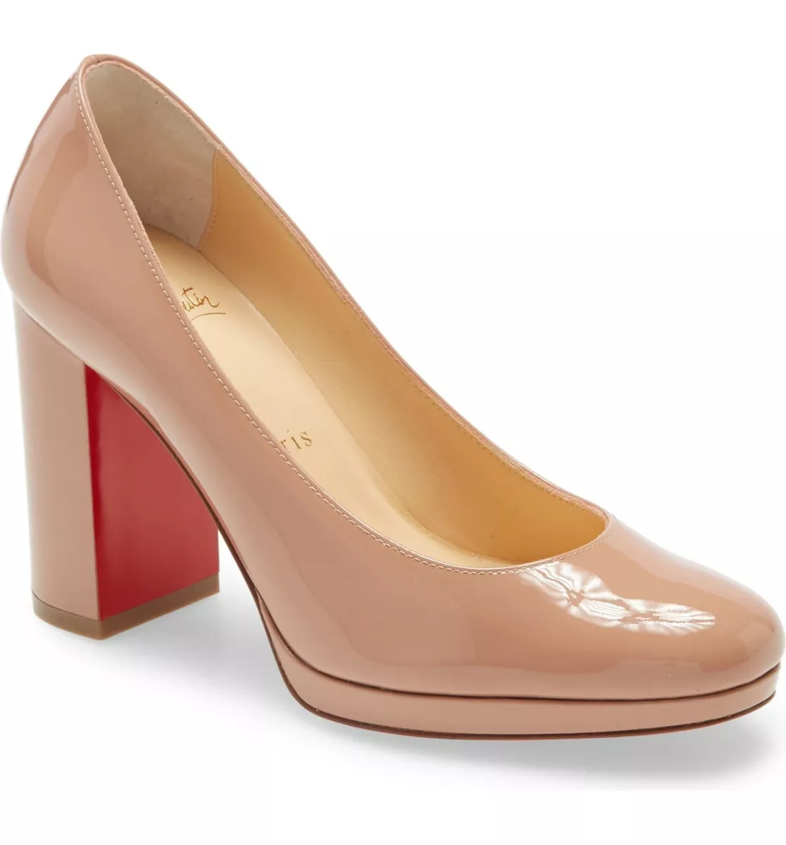 NIB Christian Louboutin Nude Patent Leather Kabetts Block Heel Pump 36 5.5