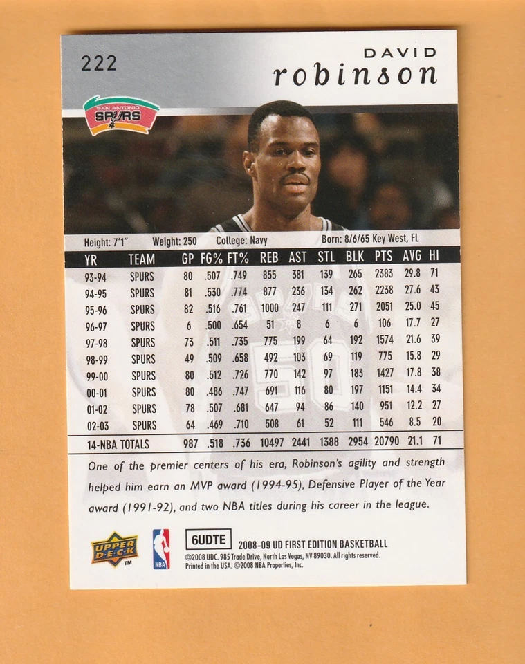 David Robinson San Antonio Spurs 2008-09 Upper Deck First Edition #222 HOF 7H - Image 2 of 2