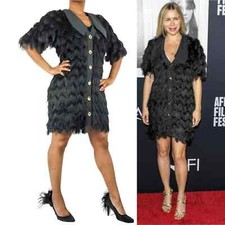 Ganni Black Fringe Faux Feather-like Baroque Brocade Short Dress