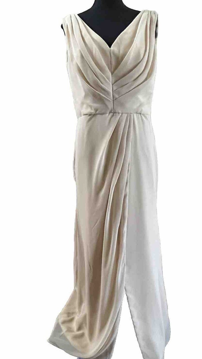 Beige Faux Wrap Dress Bridesmaid Gown Size 10 High Slit Chiffon Maxi Bust  40”