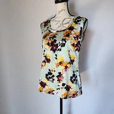ST.JOHN 100% Silk Satin Floral Women Small Top Sleeveless Scoop Neck Multicolor