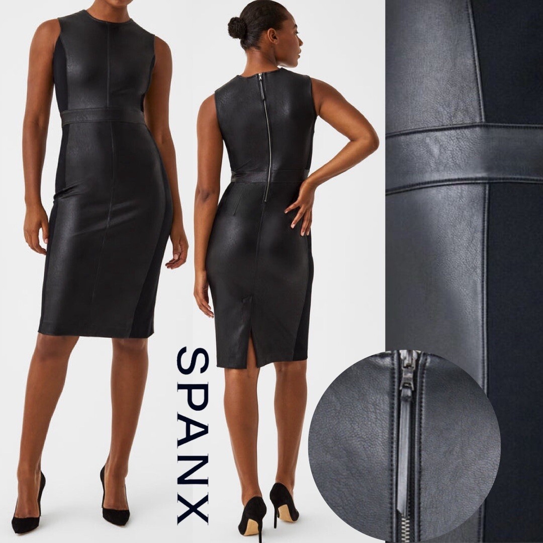 NWT SPANX Leather Like Mixed Media Sheath Dress Sleeveless Ponte Luxe Black  2X