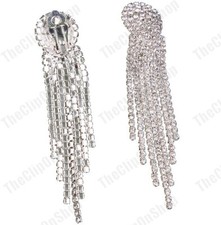CLIP ON CRYSTAL 7.5cm long multi strand glass rhinestone EARRINGS silver plated