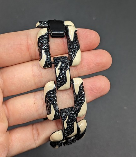 St. John SJ Black Rhinestone Cream Enamel Zebra Animal Print Link Bracelet 7" - Picture 6 of 12