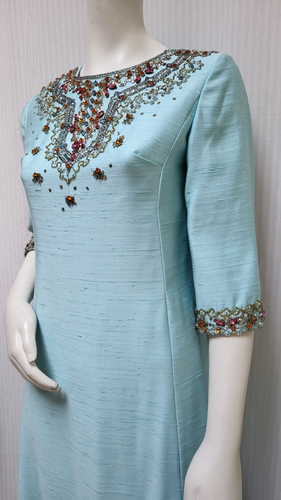 Vintage 1960s DOOP'S Blue Silk DRESS with Rhinestones, Beads & Sequins -Size S/M - Picture 6 of 20