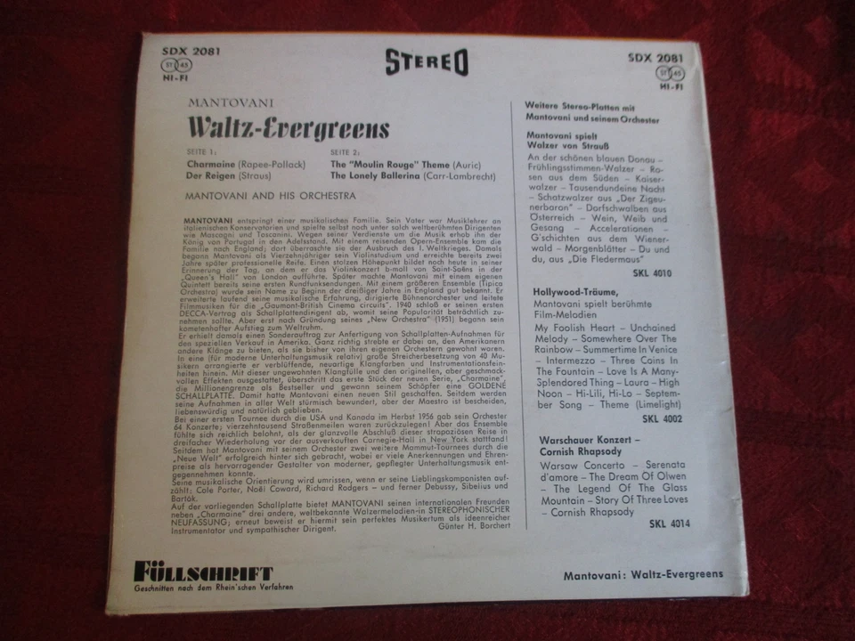 EP 7" MANTOVANI Waltz Evergreens STEREO DECCA SDX 2081GER - Bild 2 von 2