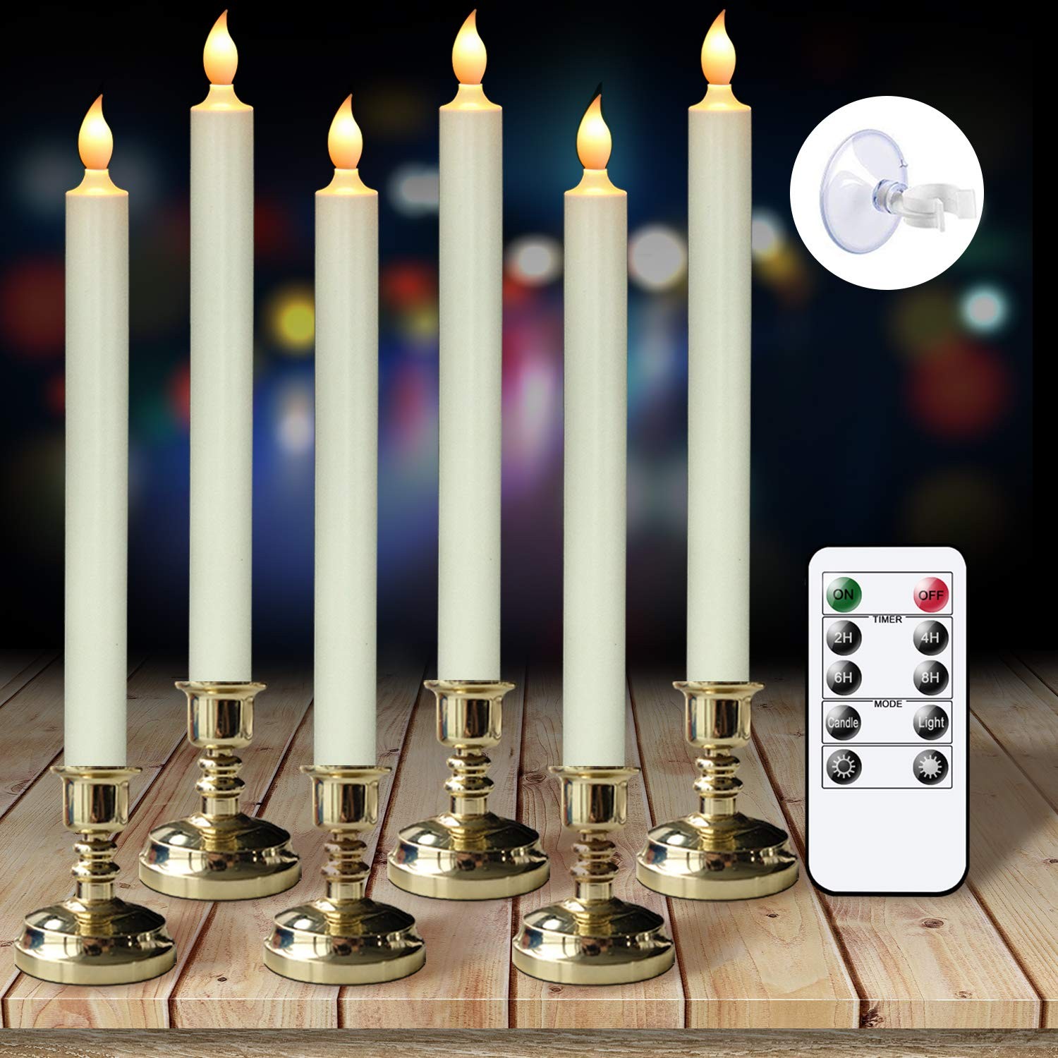 Battery Operated LED Flickering Taper Candles with Remote Timer for Windows