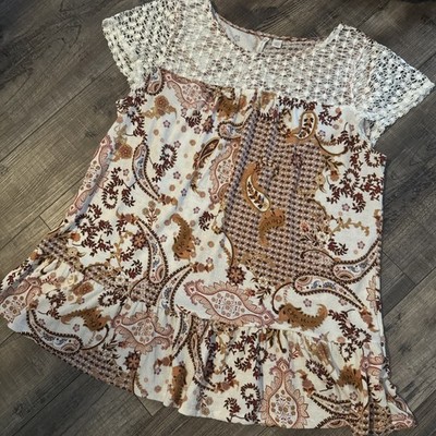 Cato Lace Yoke Top M Babydoll Boho FALL Trendy Beige/Brown