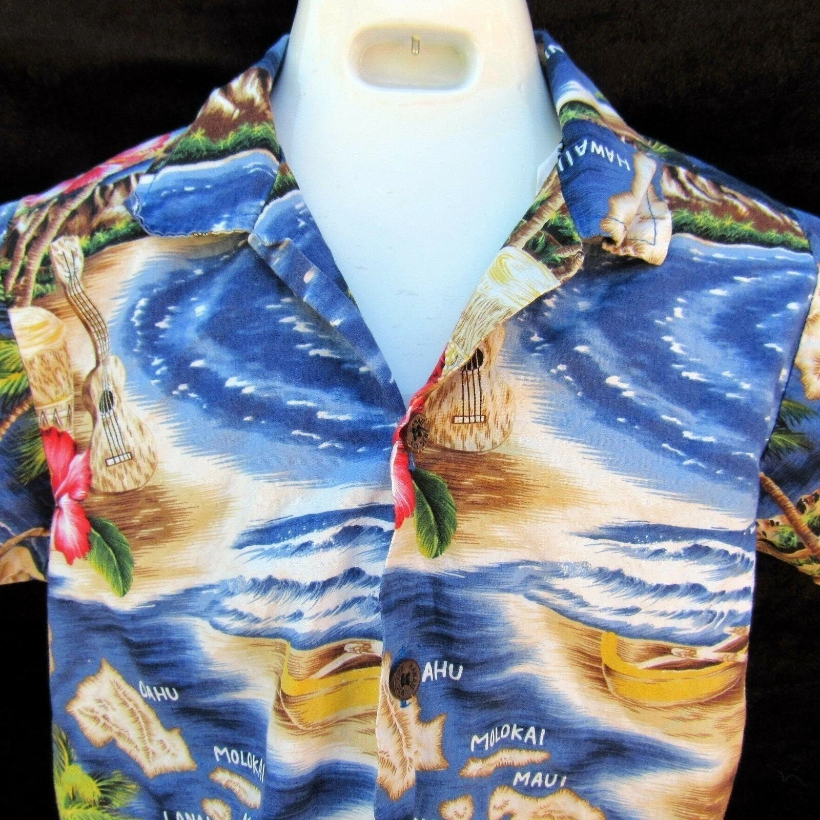RJC Hawaiian Aloha Shirt Size 7 Ukelele Outrigger Diamond Head Hibiscus Surf